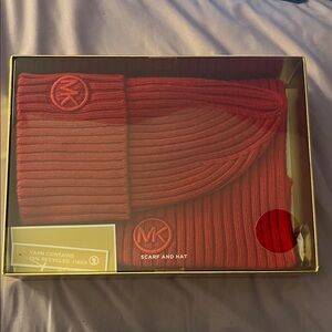 Michael Kors Red Ribbed Knit Hat and Scarf Gift Set